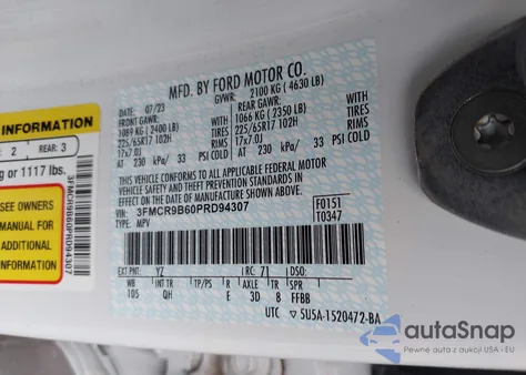 2023 Ford Bronco Sport Big Bend z USA, uszkodzony, nr VIN 3FMCR9B60PRD94307